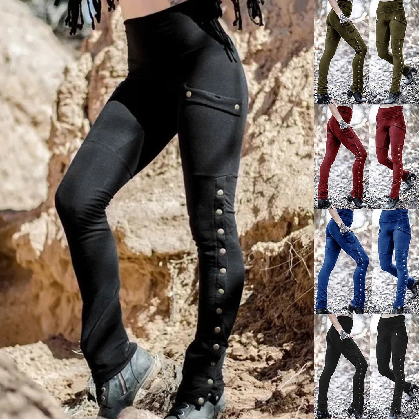 Medieval Gothic Steampunk Rivet Split Leg Pants Elastic Pocket Pencil Pants