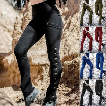 Medieval Gothic Steampunk Rivet Split Leg Pants Elastic Pocket Pencil Pants