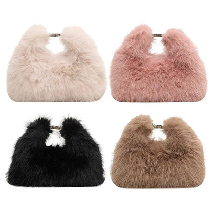 Women Faux Fur Shoulder Bag Adjustable Strap Fluffy Crossbody Bag Solid Color Clutch Purse Hobo Bag for Travel Party