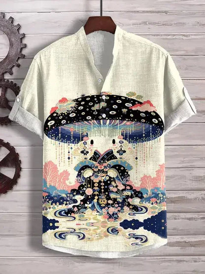 3D digital heat transfer animal landscape 3-button large size stand-up collar short-sleeved shirt