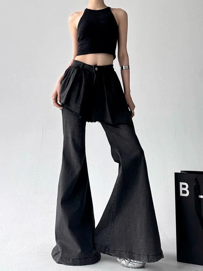 Women's Black Gothic Baggy Jeans Irregular Skirt Y2K Harajuku Streetwear 2000S Style Aesthetics Retro Jeans Pants Clothing 2025