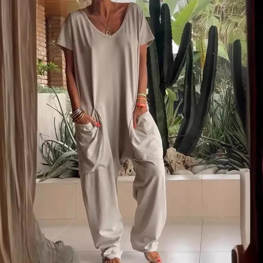 Loose Solid Color Jumpsuit Fashion Casual V-neck Short Sleeved Large Pocket Jumpsuits