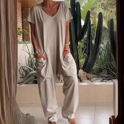 Loose Solid Color Jumpsuit Fashion Casual V-neck Short Sleeved Large Pocket Jumpsuits