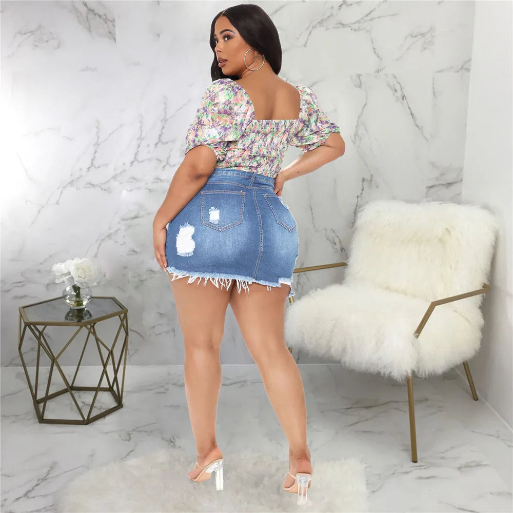 Plus Size Skirts Jeans Women Medium Stretch Above Knee Denim Mini Wrap Skirt