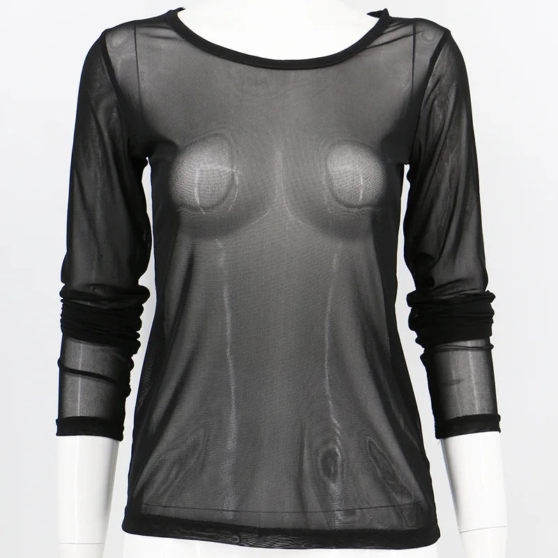 Black Mesh Transparent Slim T-shirts O-Neck Long Sleeve Super Stretch Mesh