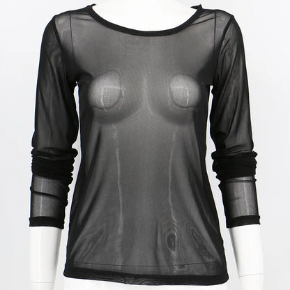 Black Mesh Transparent Slim T-shirts O-Neck Long Sleeve Super Stretch Mesh