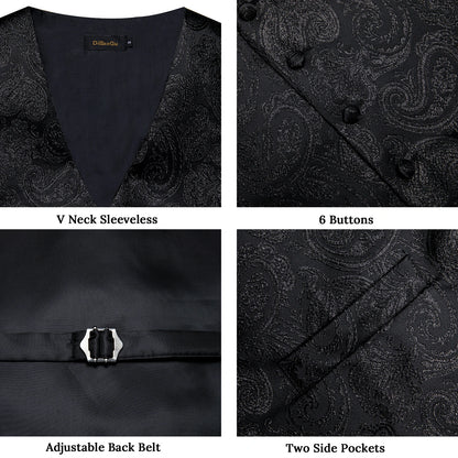 Luxury Paisley Men's Suit Vest Black Pink Red Wedding Prom Tuxedo Waistcoat Necktie Handkerchief Cufflink Sleeveless Jacket Vest