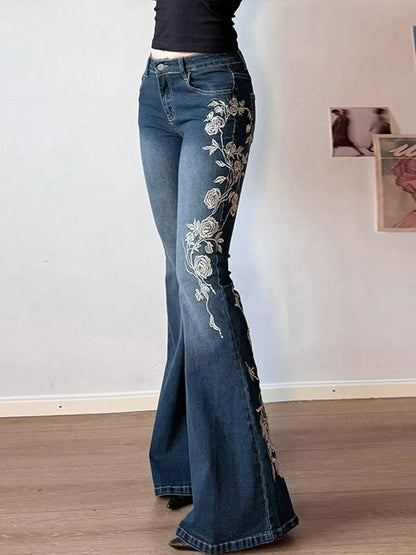 Woman's Flowers Embroidered Flared Denim Pants Slim Dragging Long Jeans