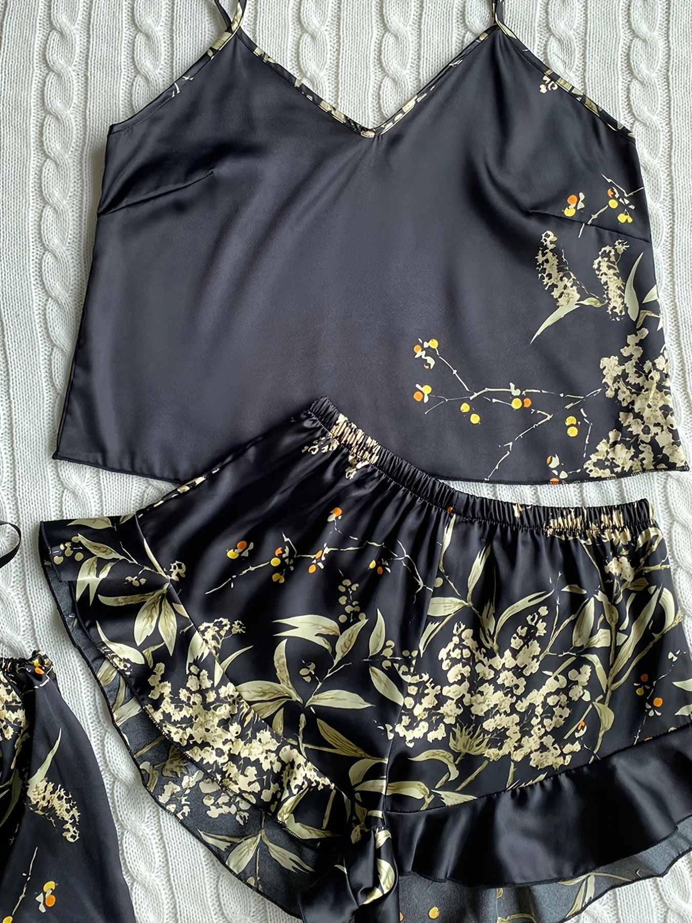 Elegant Floral Print Cami Tops   Ruffle Hem Shorts Pajama Set  Women's Sleepwear