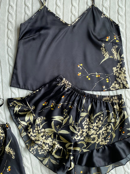 Elegant Floral Print Cami Tops   Ruffle Hem Shorts Pajama Set  Women's Sleepwear