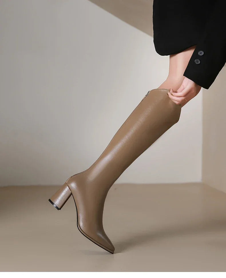 Zipper Thick High Heels Simple Thick High Heels Autumn Winter Boots Knee High