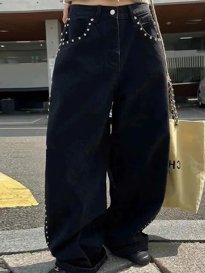 Metal Rivet Wide Leg Jeans Trousers Baggy Low Rise Pockets Denim