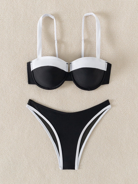 2-piece Swimsuit Underwire Push Up Bikini Set Suspender Backless Bathing Suit