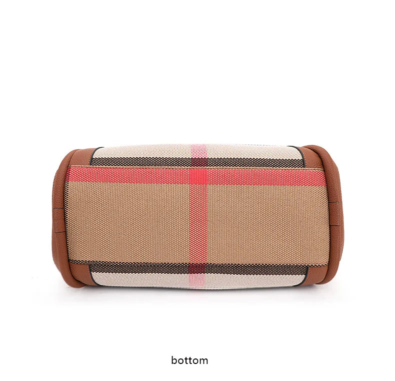 checkered women's handbag, large capacity luxury bag, canvas genuine leather bag