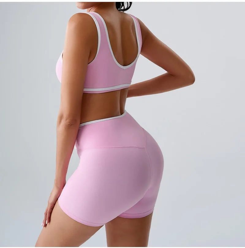 Seamless Yoga Sets Sports Fitness cross waist  Waist Hip-lifting Shorts Bra Suit