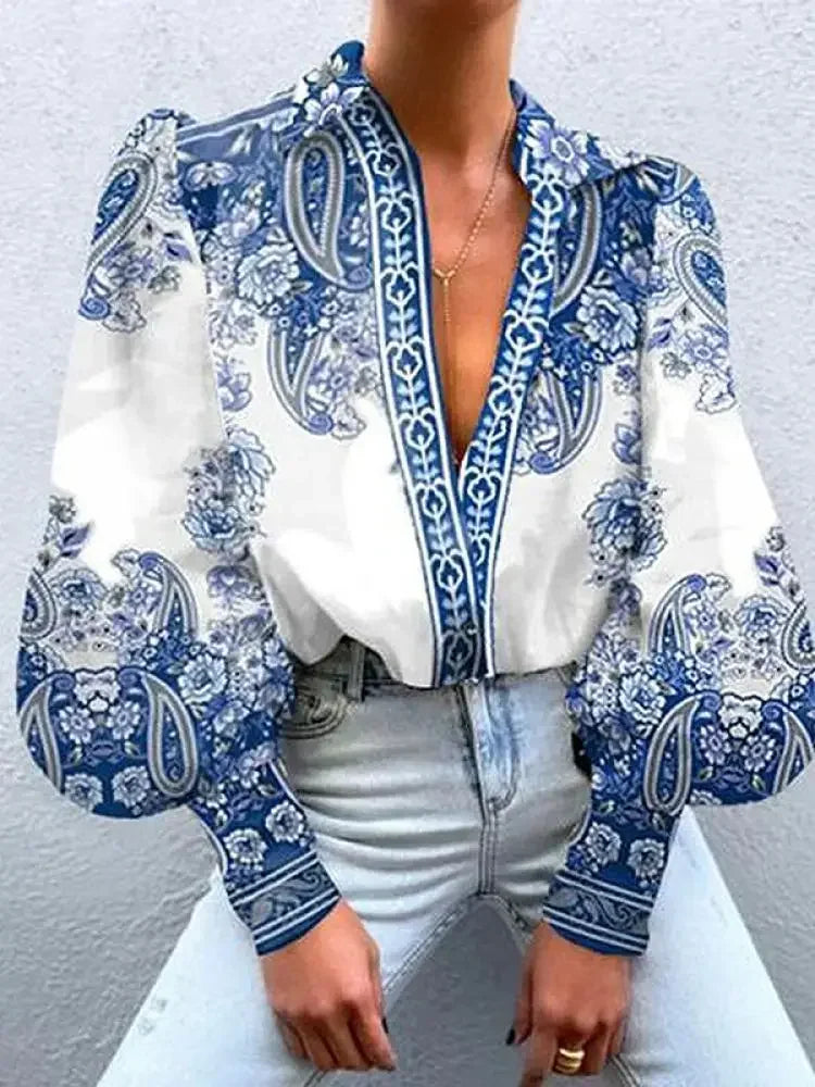 Blue Floral Printed Lapel Shirts For Women Long Puff Sleeves Urban Casual Elegant Blouse