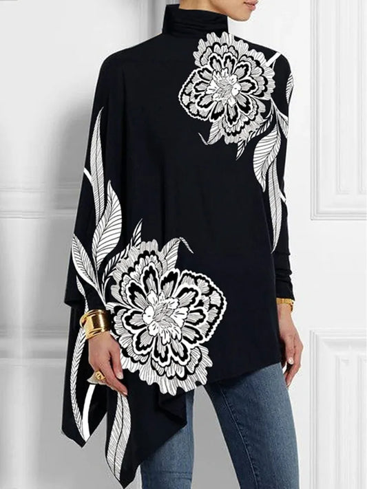Asymmetric Floral Printed High Neck T-Shirt Long Batwing Sleeve Loose Casual