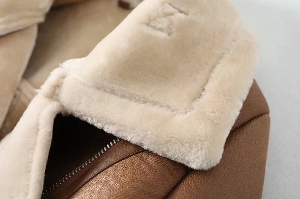 Thick and warm faux leather jacket Coat women's beige long-sleeved belt jacket women 2025 winter fashion new streetwear Tops