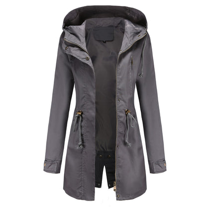 Women Jacket Windproof Windbreaker Trench Coats Female Hooded Drawstring Long