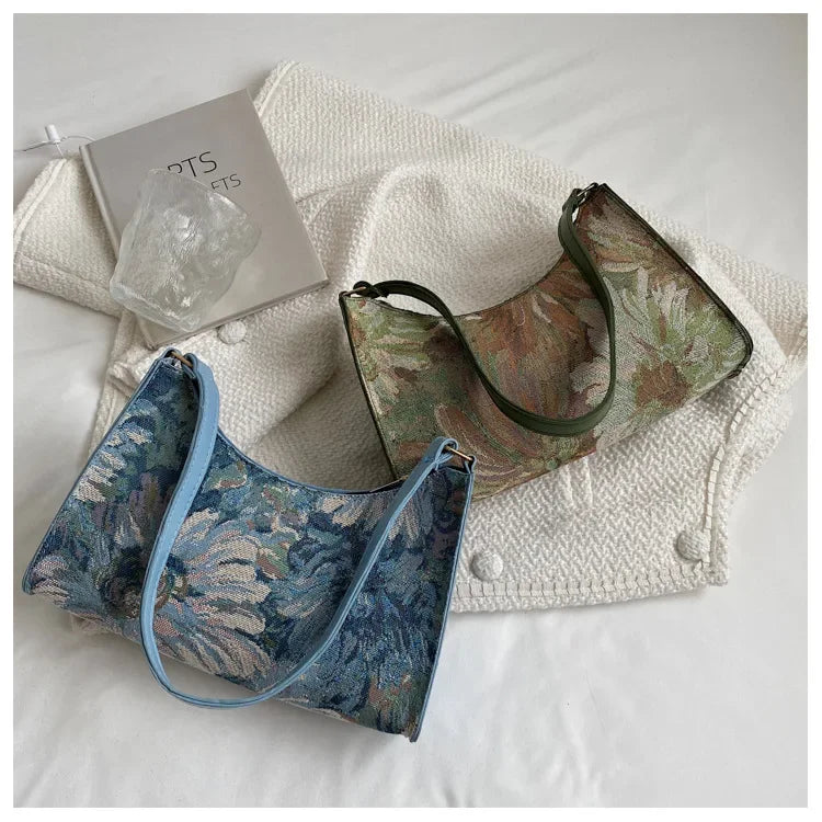 Women's Underarm Bags Autumn 2023 Trendy New Oil Painting Shoulder Bag Cute Simple Handbags and Purses Female Travel Small Totes