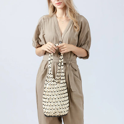 Women Hollow-out Bucket Bags Woven Hand Bag Wooden Bead Shoulder Bags Beach Top-Handle Bags Summer Netted Canvas Tote Handbag