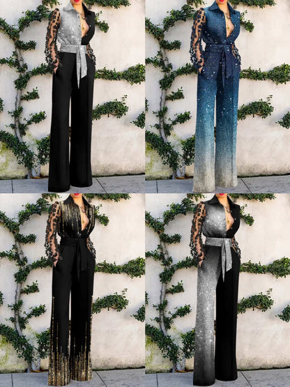 Flower Lace Hollow Out Long Sleeved Leace-up Sequin Jumpsuit