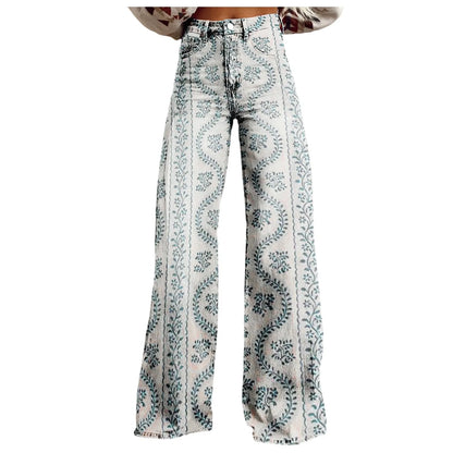 Womens Wide Leg Jeans High Waisted Casual Denim Floral Printed Trousers Women Jean Baggy