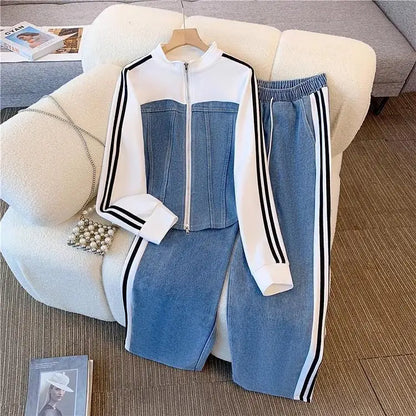 Women Preppy Style Patchwork Contrast Denim Sets Stand Collar Elastic Jeans 2 Piece Suit Streetwear Comfort
