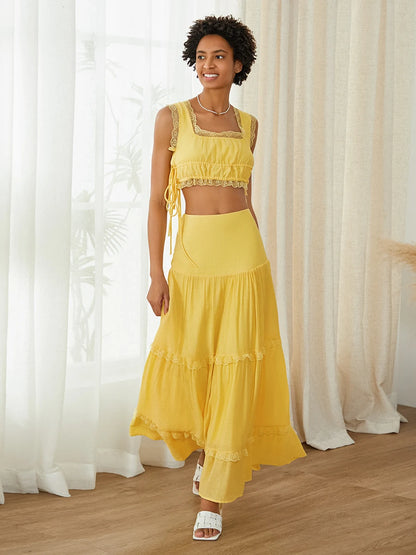 Summer 2Pcs Outfits Lace Trim Sleeveless U-Neck Tank Tops with Long Skirt Set Yellow / M / United States Yellow / S / United States WHITE / S / United States Yellow / M / United States-Yellow / S / United States-WHITE / S / United States-Yellow / L / United States-WHITE / L / United States-WHITE / M / United States-