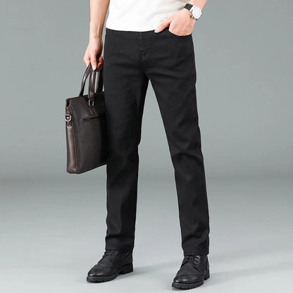 Men's pure black jeans straight fit comfortable and elastic