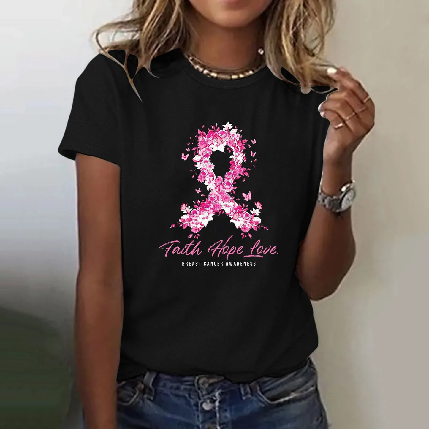 Ribbon Petal Print Pink October T-shirt Breast Cancer Awareness Graphic Short Sleeve