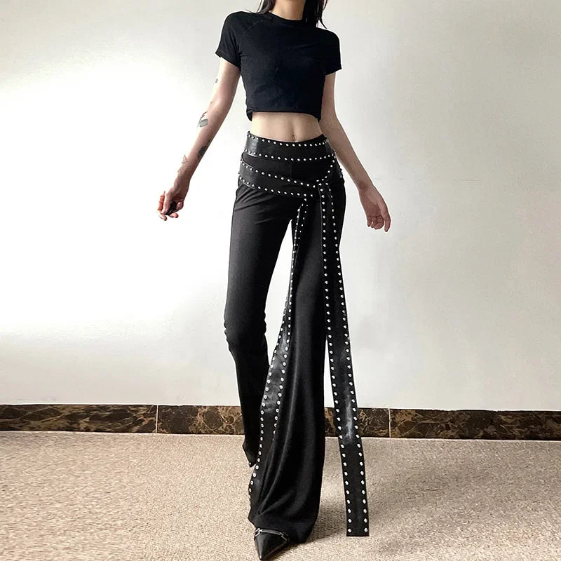 Punk Grunge Hoge Taille Flare Broek Effen Alt Streetwear Vrouwen Mall Gothic Casual Broek Met Kunstleer Riemen Slank