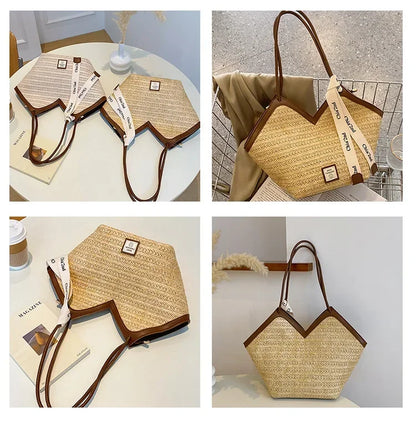Straw Beach Bag Vintage Handmade Woven Shoulder Bag Raffia circle Rattan bag Bohemian