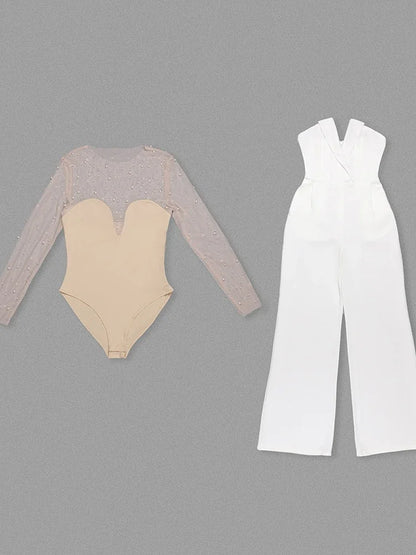 Mesh Pearl Beaded Bodysuits+Strapless Jumpsuit Two piece Sets Women White Jumpsuit Suits Evening