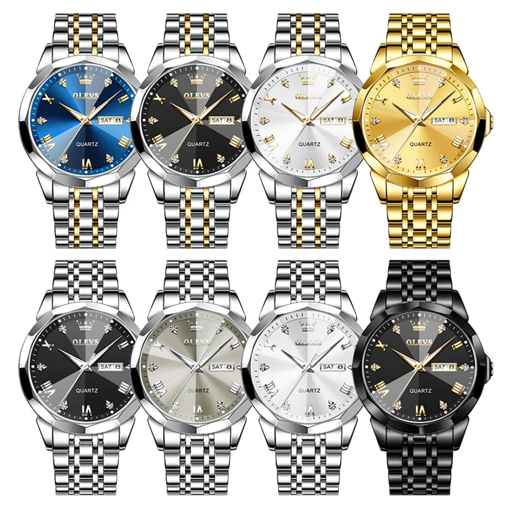 Gold Original Quartz Wristwatch Waterproof Luminous Watch for Male Rhombus Mirror Date Week