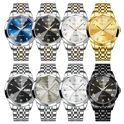 Gold Original Quartz Wristwatch Waterproof Luminous Watch for Male Rhombus Mirror Date Week