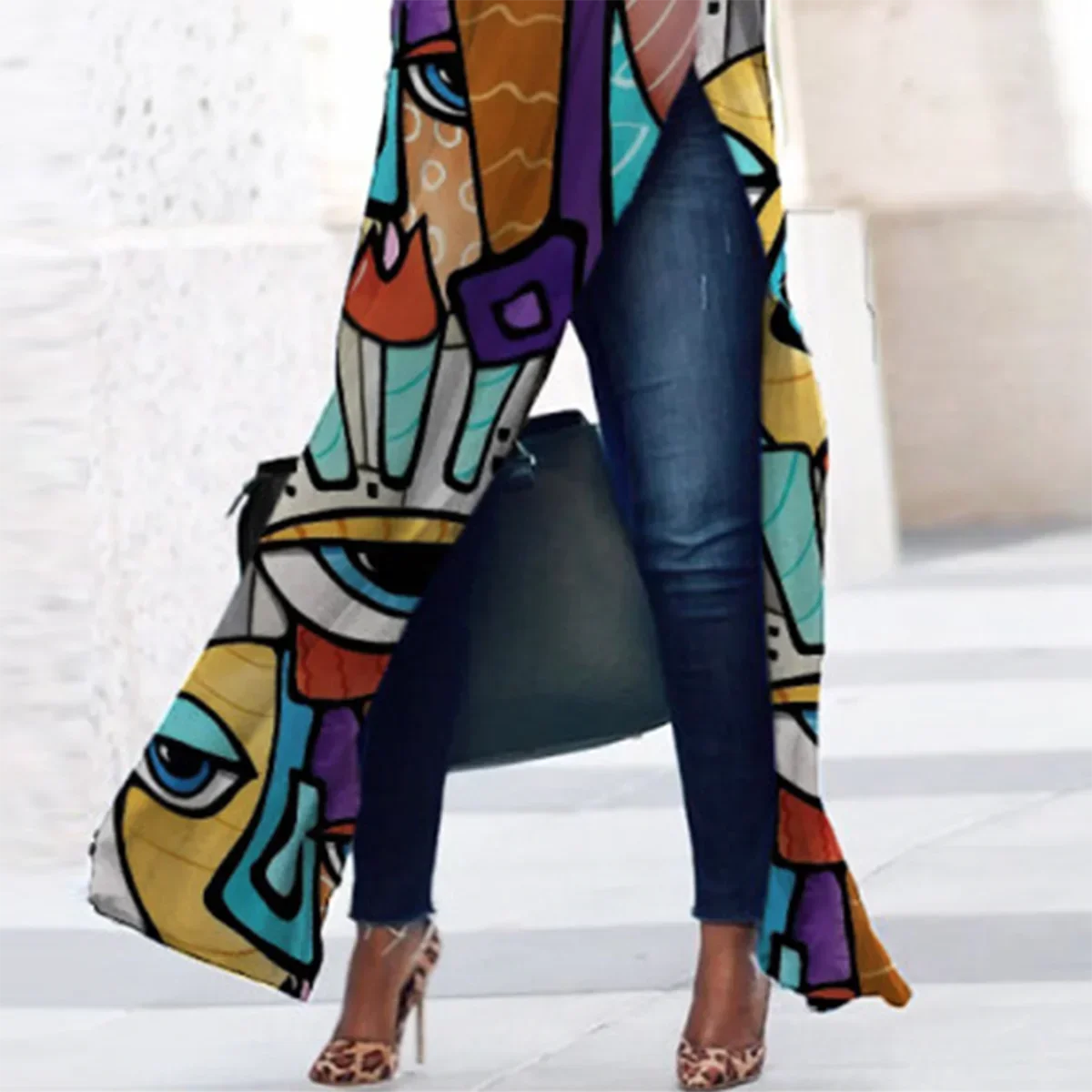 Cotton-Blended Printed T-shirt for Women Loose Fit Long Shirt Split-side Casual
