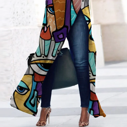 Cotton-Blended Printed T-shirt for Women Loose Fit Long Shirt Split-side Casual