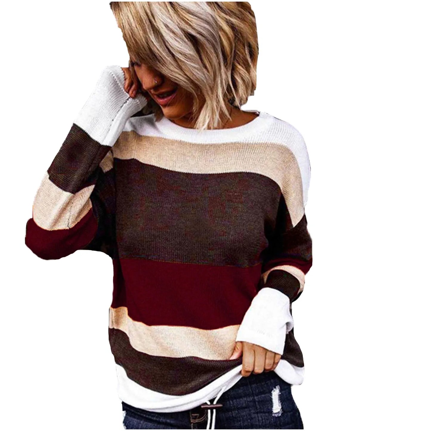 Plus Size Warm Sweater Round Neck Knitted Top Long Sleeve Color Block