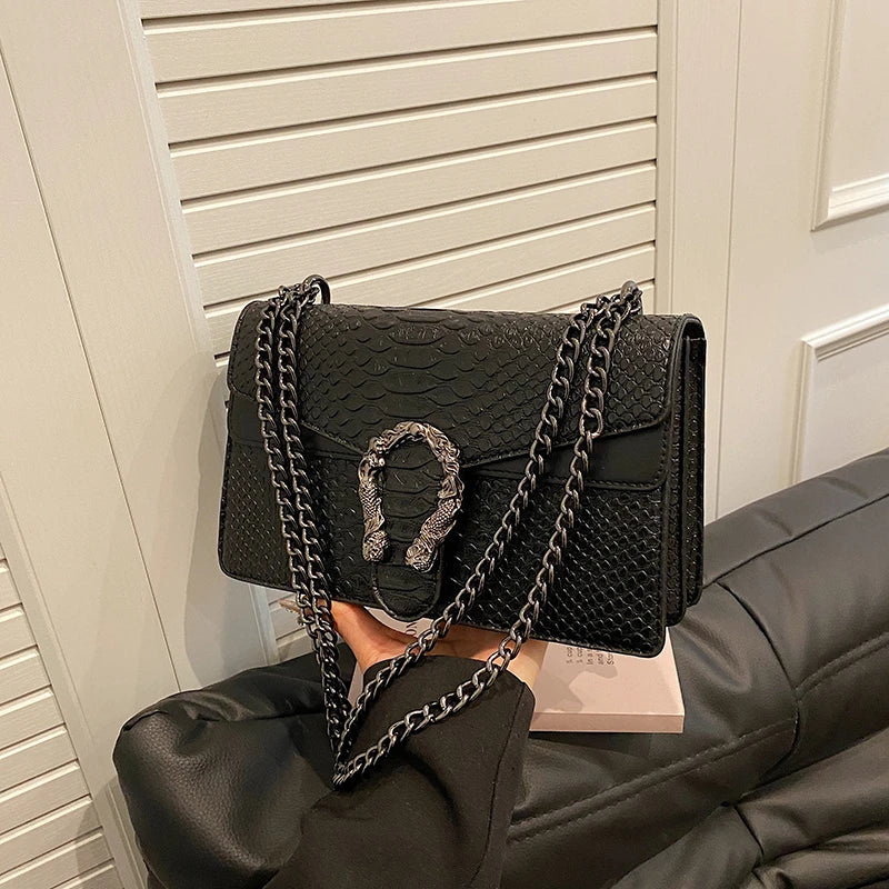 Chain Shoulder Bag for Women Snake Pattern Crossbody Small Square Bag