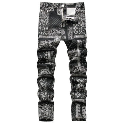 Digital Printed Cashew Nut Straight Tube Color Contrast Slim Stretch Ripped Skinny Jeans