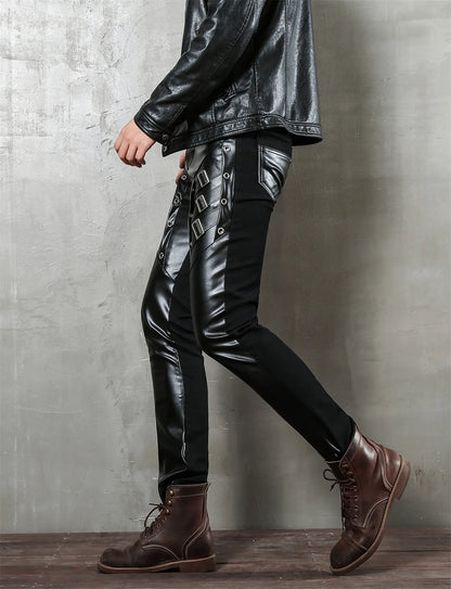 Men`s Motorcycle Hip Hop Slim Fit Soft PU Faux Leather Biker Pants