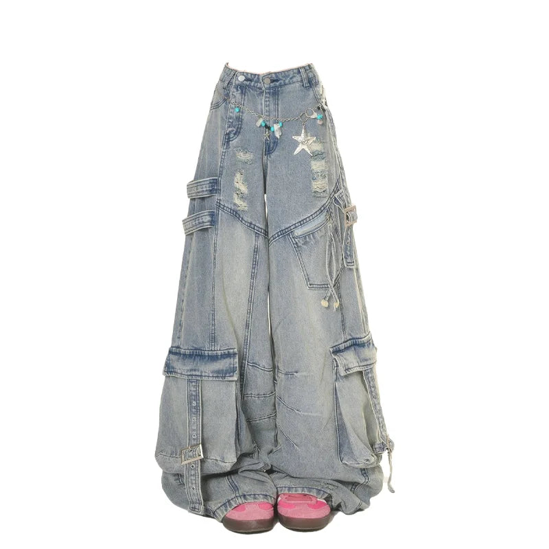 Women's Blue Star Embroidered Jeans Baggy Y2K High Street Harajuku Fashion High Waist Wide Leg Retro Jeans Pants Clothing 2025