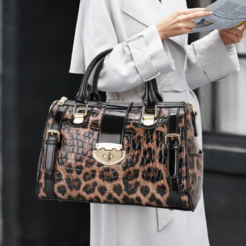 Leopard Handbag Leather Women's Bag Large Capacity Boston Bag Fashion Versatile Cowhide One Shoulder Crossbody Bag