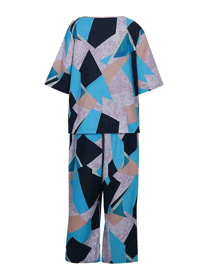 plus Size 2025 Women's Short Sleeve Pleated Suit Irregular Patterned Shirt Wide Leg Pants 2 Piece Fashion Sweatshirt Set