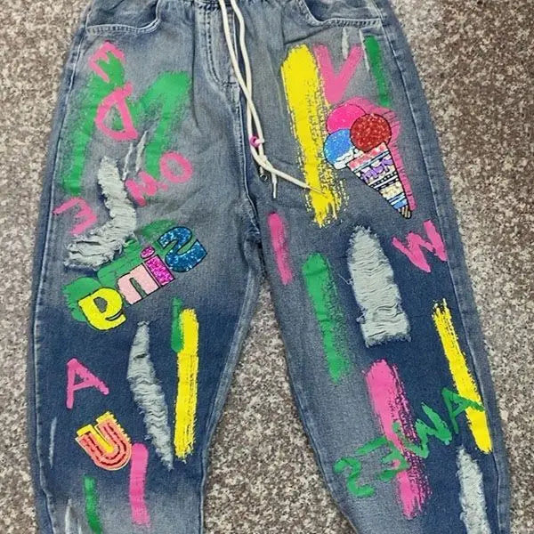 Sequin Letter Elastic Waist Jeans High Waist Denim Graffiti Print Harem Pants as photo / M as photo / L as photo / XL as photo / M-as photo / L-as photo / XL-