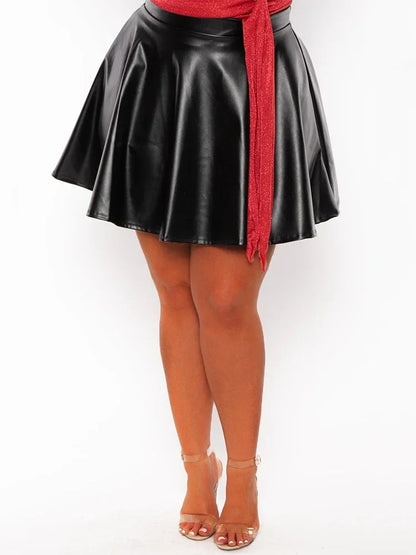 Women Black Plus Size Matte Leather Flare High Waist Pleated Elastic Skirts Elegant