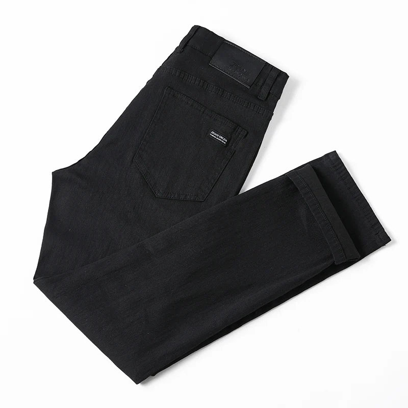 Men's pure black jeans straight fit comfortable and elastic