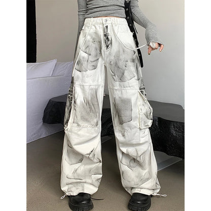 Women's White Cargo Jeans Baggy Vintage High Waist Cowboy Pants Harajuku Aesthetic Tie-Dyed Denim Trousers 90s Y2k Clothes 2024