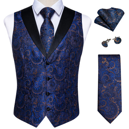Men's Paisley Silk Suit Vest with Macthing Golden Paisley Neck Tie Handkerchief Cufflinks Wedding Prom Tuxedo Waistcoat